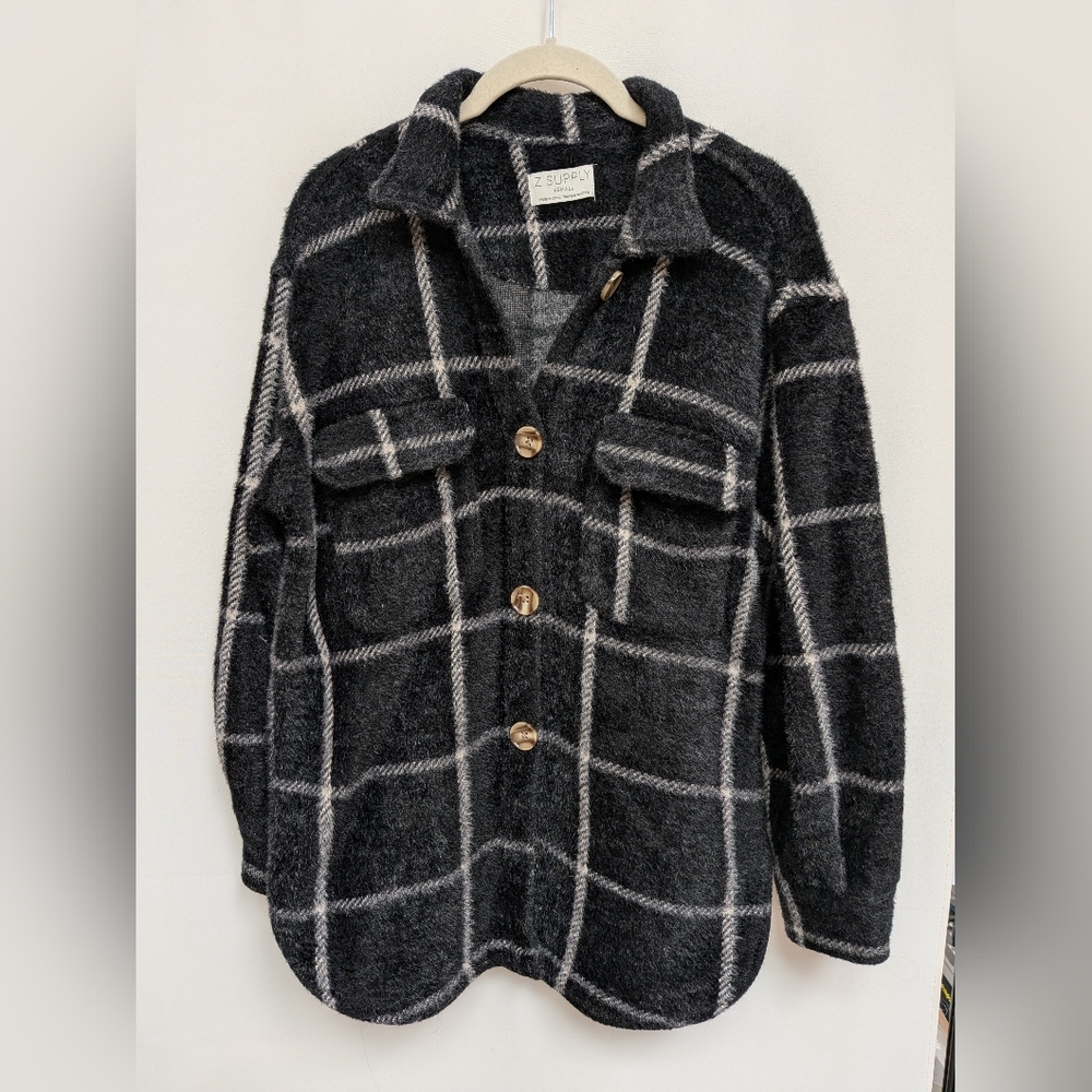 Z Supply Black White Plaid Tucker Shirt Jacket Relaxed Fit Size XS - Picture 4 of 15